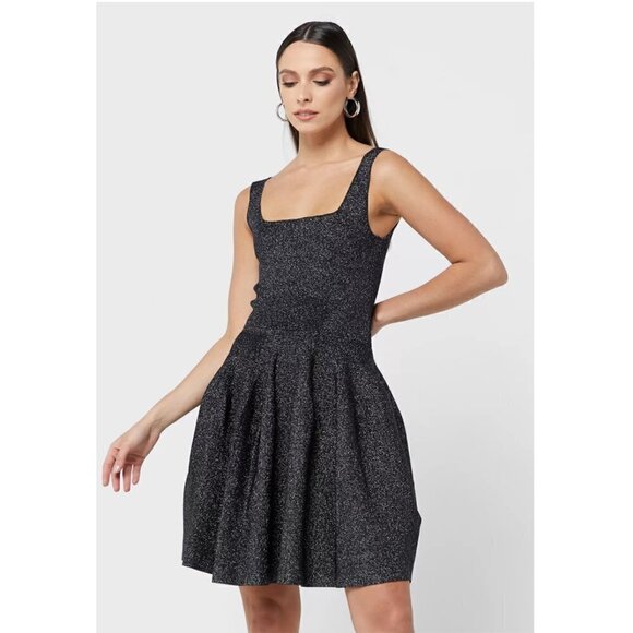 TED BAKER London Glitzia Square Neck Sleeveless Metallic Skater Dress in Black - Picture 2 of 13